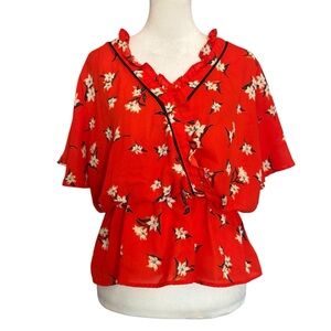 Sienna Sky Top Size L Red Floral Peplum Blouse Wrap Bloomcore Cottagecore Boho